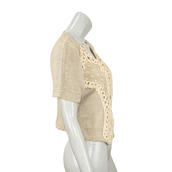 Spencer Alexis Women's Short Sleeve Crochet front Blouse in natural beige 8 - Picture 5 of 7